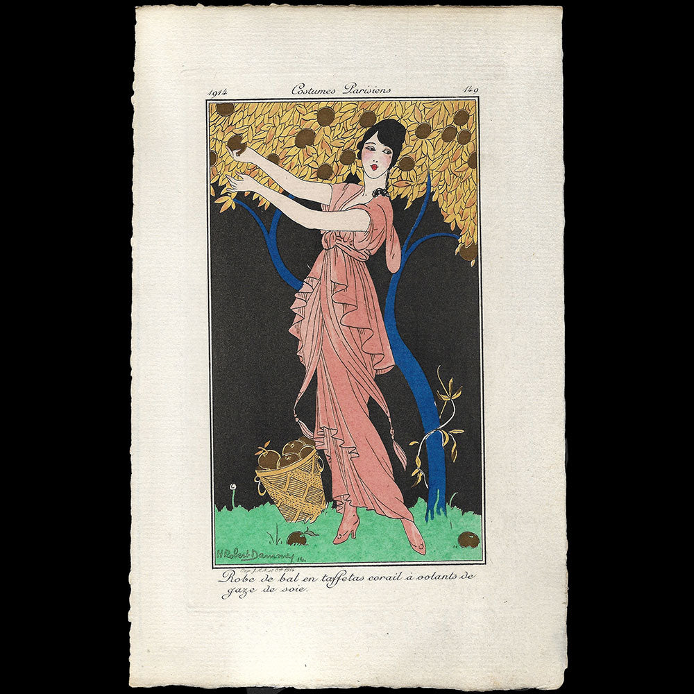 Journal des Dames et des Modes, Costumes Parisiens - Robe de bal en taffetas corail à volants de gaze de soie, planche de Robert Dammy (1914)