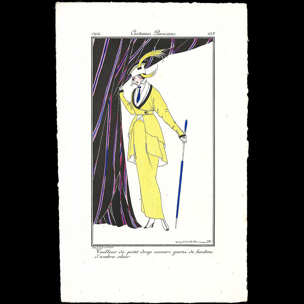 Journal des Dames et des Modes, Costumes Parisiens - Tailleur de petit drap canari garni de boutons d'ambre clair, planche de Victor Lhuer (1914)