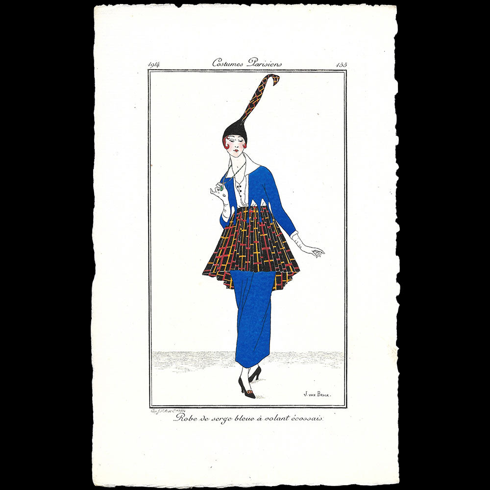 Journal des Dames et des Modes, Costumes Parisiens - Robe de serge bleue à volant écossais, planche de Jan Van Brock (1914)
