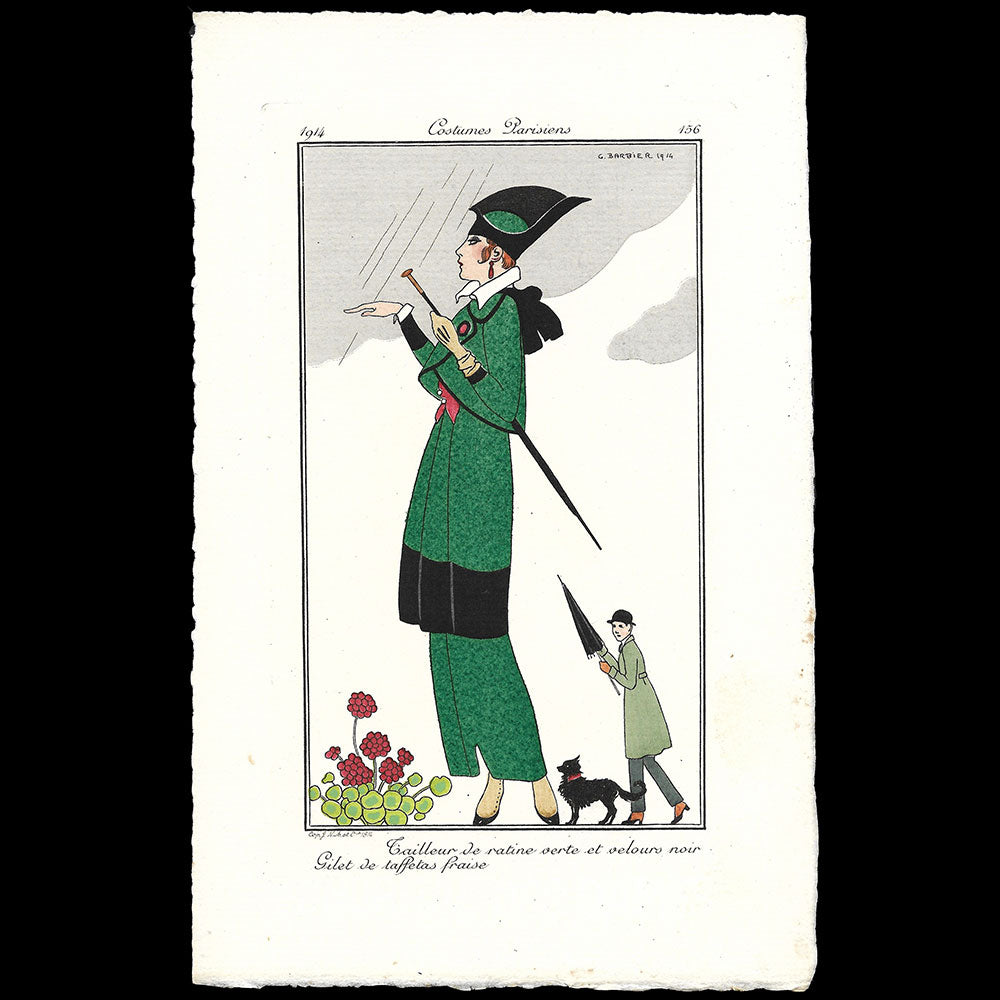 Journal des Dames et des Modes, Costumes Parisiens - Tailleur de ratine verte et velours noir, Gilet de taffetas fraise, planche de George Barbier (1914)
