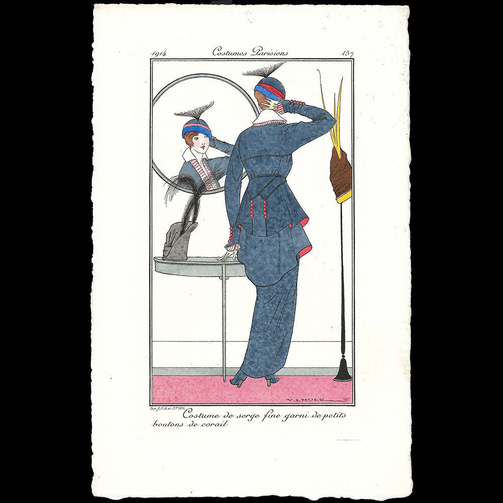 Journal des Dames et des Modes, Costumes Parisiens - Costume de serge fine garni de petits boutons corail, planche de Victor Lhuer (1914)