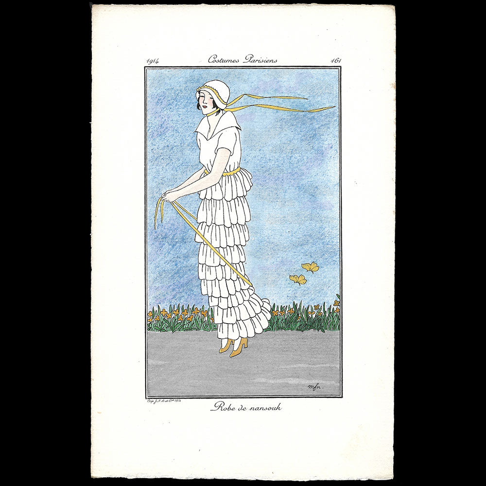 Journal des Dames et des Modes, Costumes Parisiens - Robe de nansouk, planche de Madeleine Franc Nohain (1914)