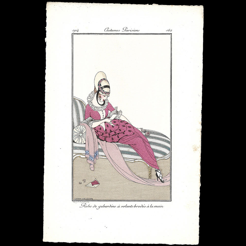 Journal des Dames et des Modes, Costumes Parisiens - Robe de gabardine à volants brodés à la main, planche de Gerda Wegener (1914)