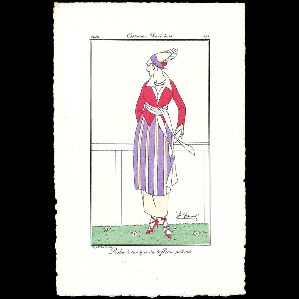 Journal des Dames et des Modes, Costumes Parisiens - Robe à tunique de taffetas pékiné, planche de Henri Honoré (1914)