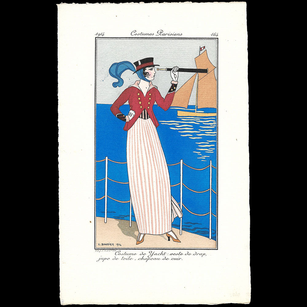 Journal des Dames et des Modes, Costumes Parisiens - Costume de Yacht, veste de drap, jupe de toile, chapeau de cuir, planche de George Barbier (1914)