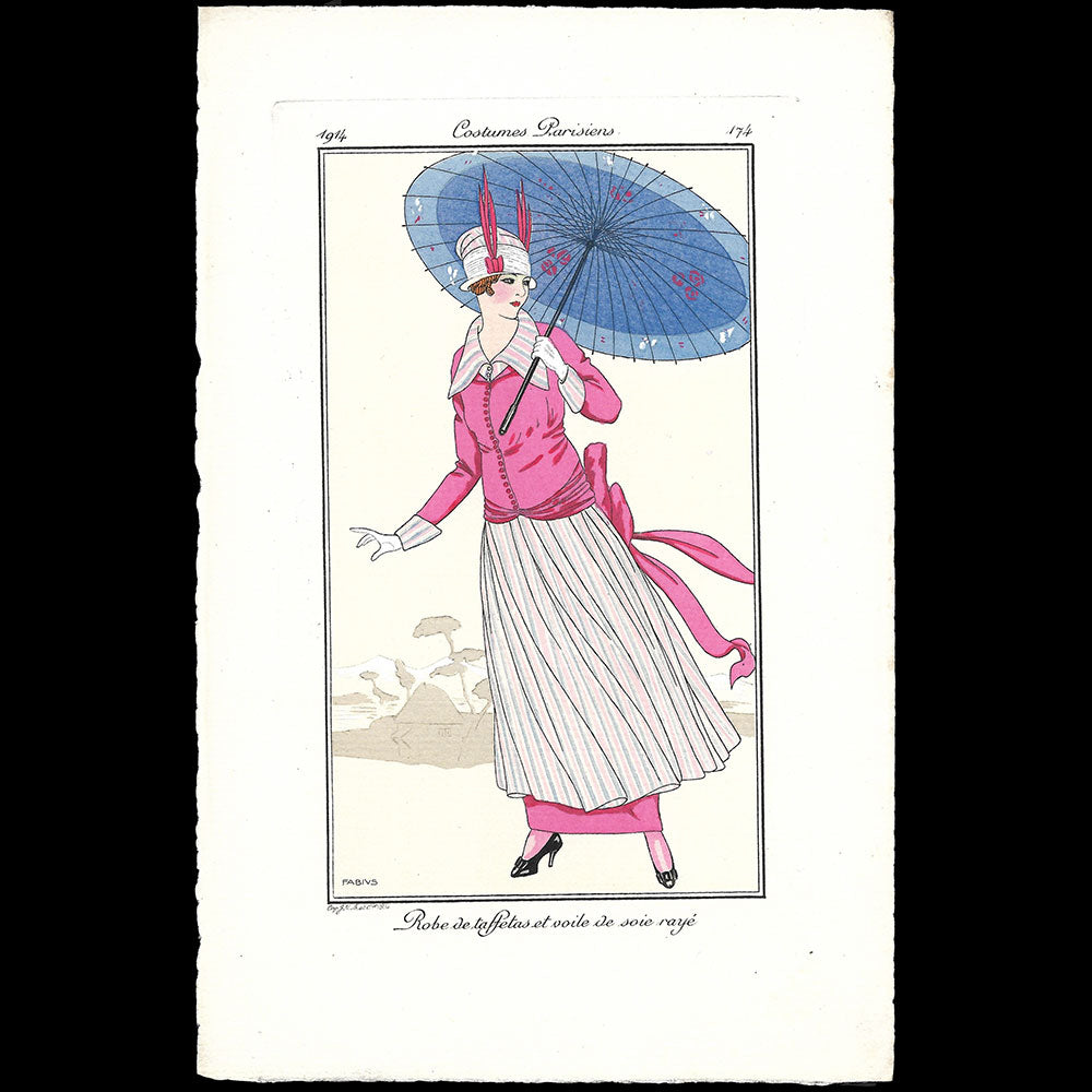 Journal des Dames et des Modes, Costumes Parisiens - Robe de taffetas et voile de soie rayé, planche de Fabius (1914)
