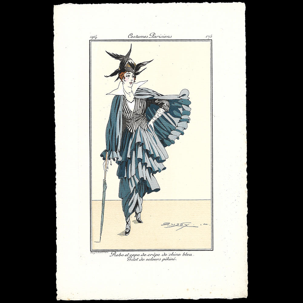 Journal des Dames et des Modes, Costumes Parisiens - Robe et cape de crèpe de chine bleu, gilet de velours pékiné, planche de Bussy (1914)