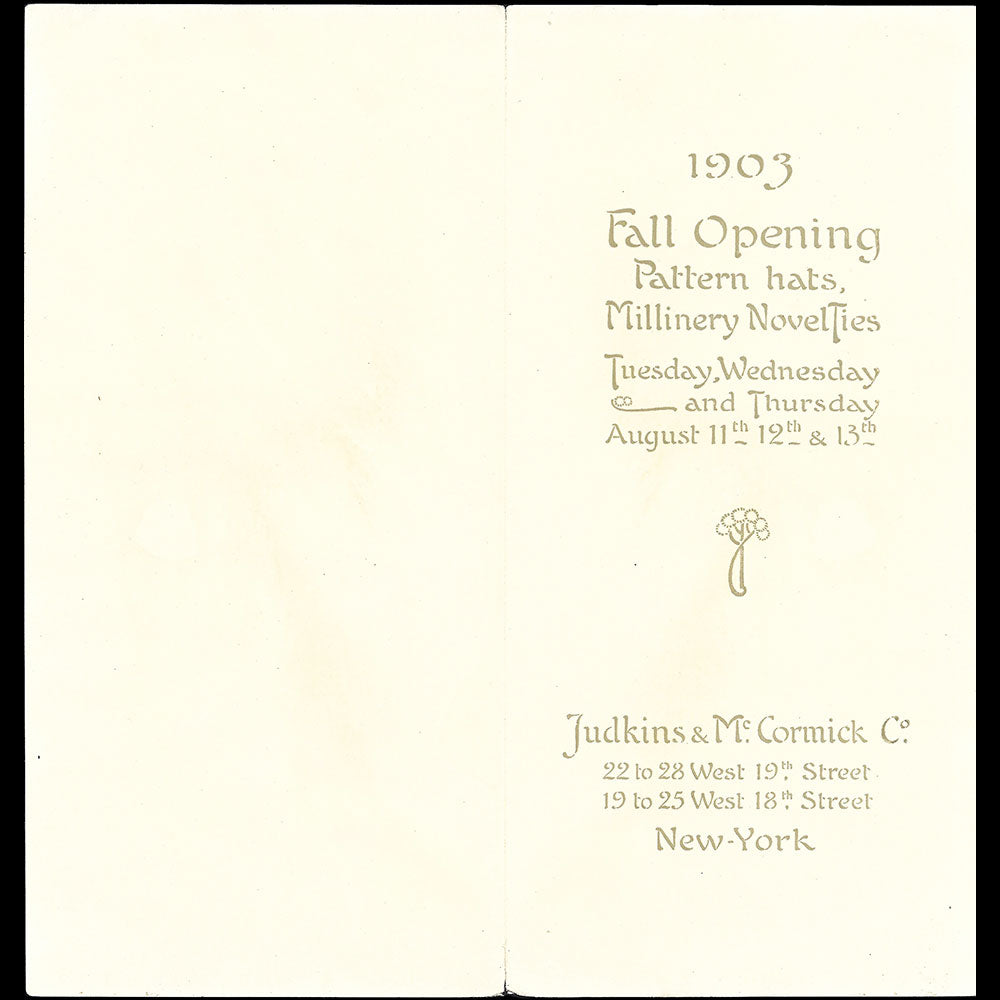 Judkins & Mc Cormick Co - invitation de la maison de chapeaux, 22-28 West, 19th Street, New York (1903)