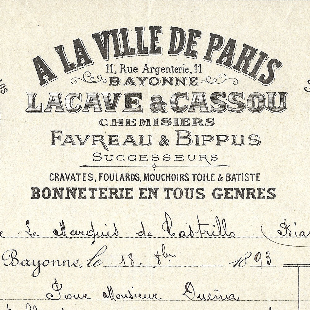 Lacave & Cassou - Facture du chemisier bonnetier A la Ville de Paris à Bayonne (1893)