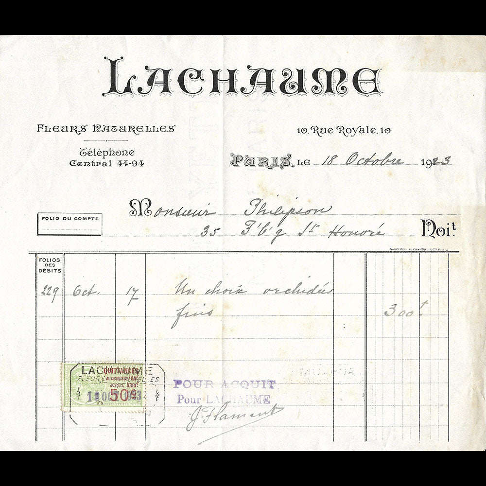 Lachaume - Factures du fleuriste, 10 rue Royale à Paris (1923)