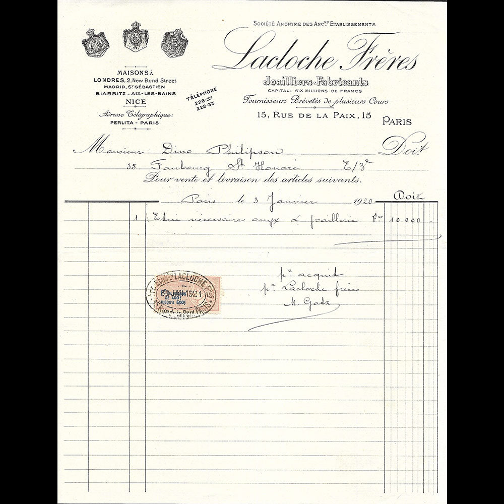 Lacloche Frères - Facture de la maison de joaillerie, 15 rue de la Paix à Paris (1920)