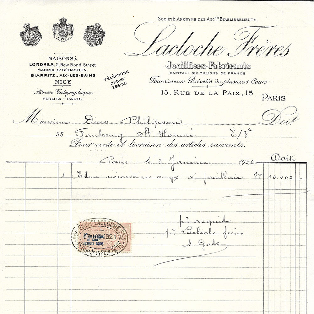 Lacloche Frères - Facture de la maison de joaillerie, 15 rue de la Paix à Paris (1920)