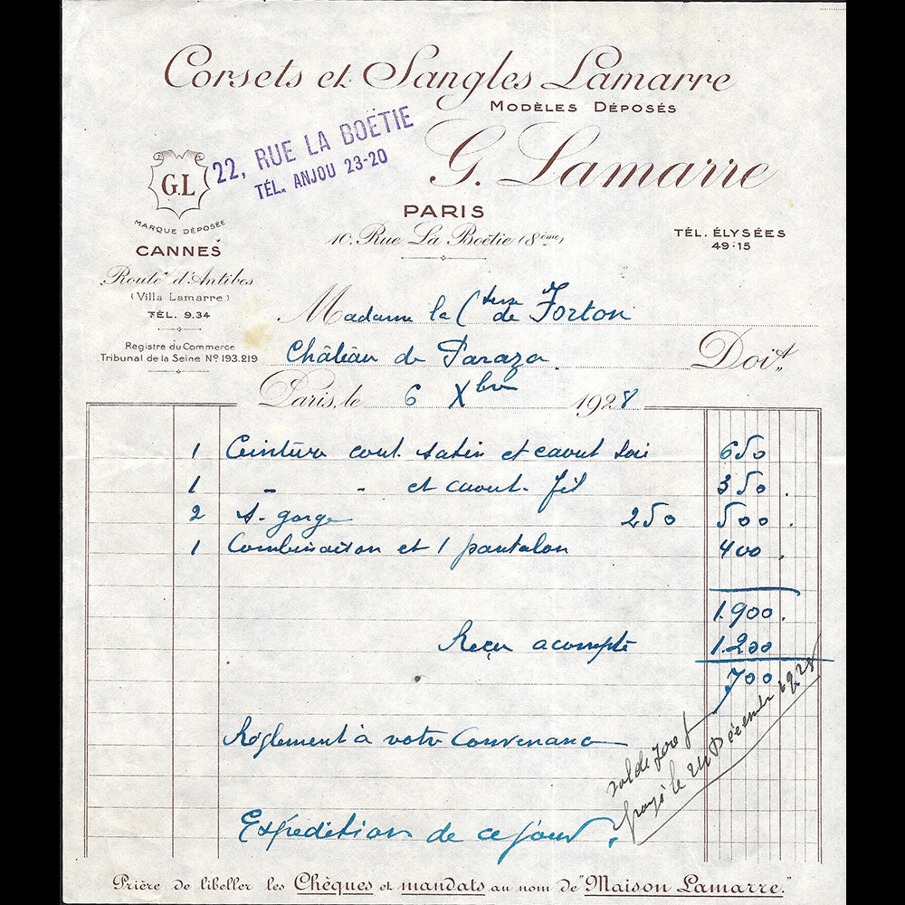 G. Lamarre - Facture de la maison de corsets, 22 rue La Boétie, Paris (1928)