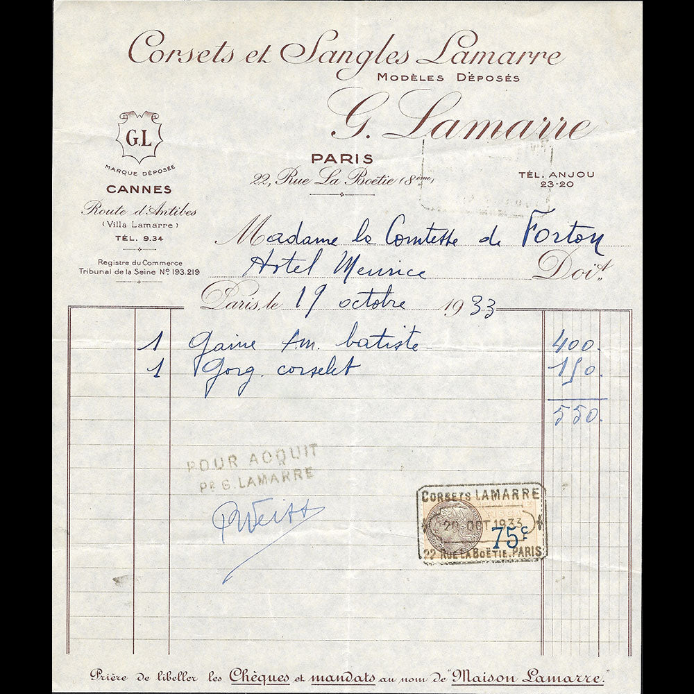 G. Lamarre - Facture de la maison de corsets, 22 rue La Boétie, Paris (1933)