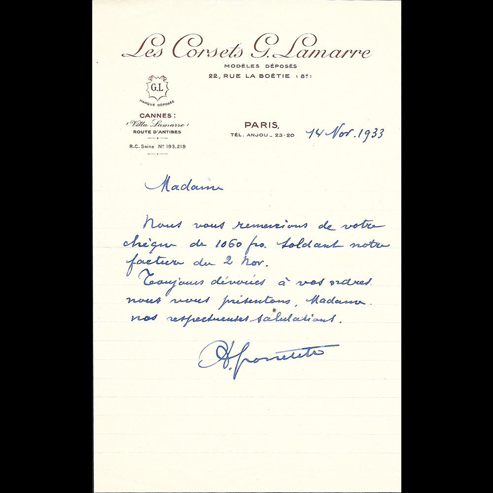 G. Lamarre - Lettre de la maison de corsets, 22 rue La Boétie, Paris (1933)