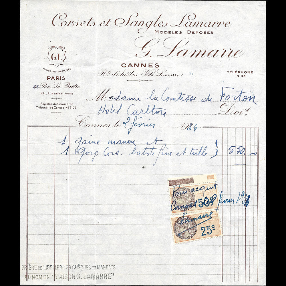 G. Lamarre - Facture de la maison de corsets, 22 rue La Boétie, Paris (1934)