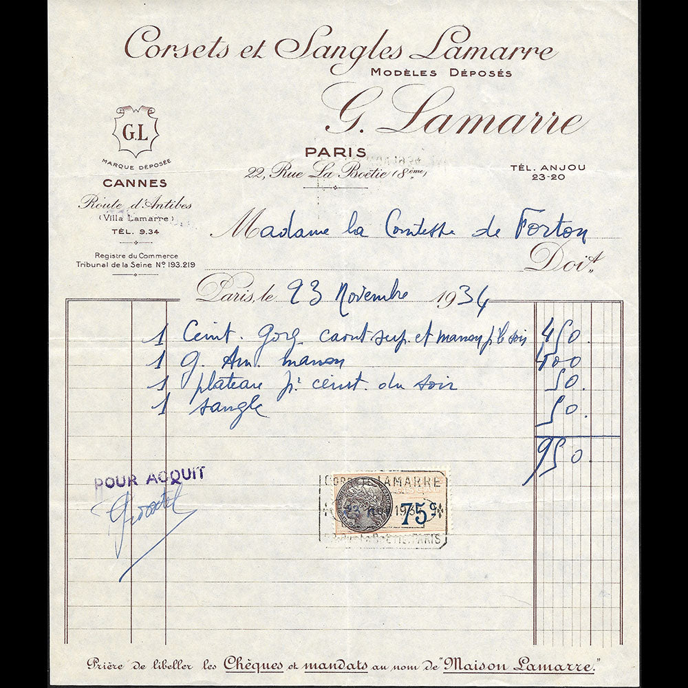 G. Lamarre - Facture de la maison de corsets, 22 rue La Boétie, Paris (1934)