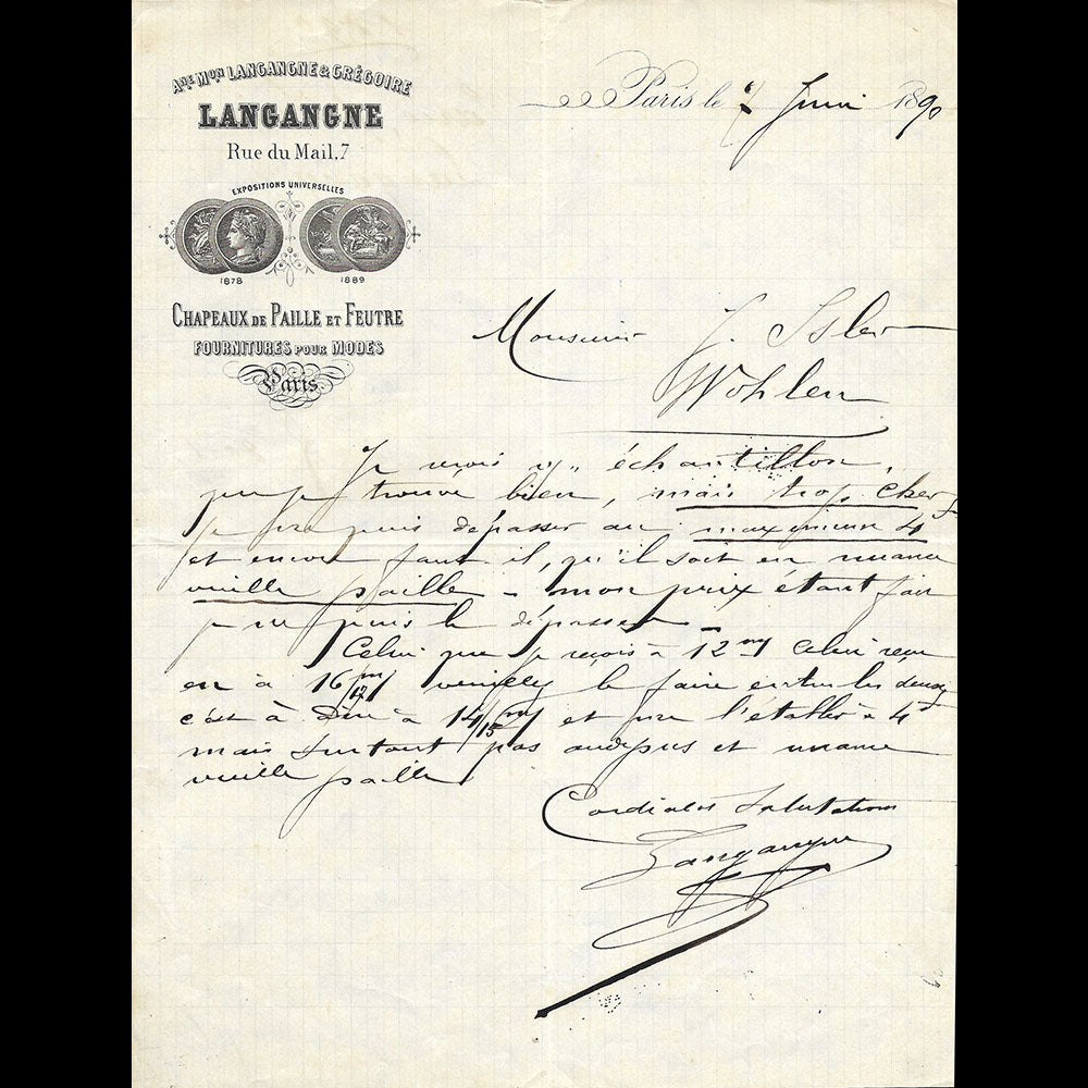 Langangne - Lettre de la maison, 7 rue du Mail Paris (1890)