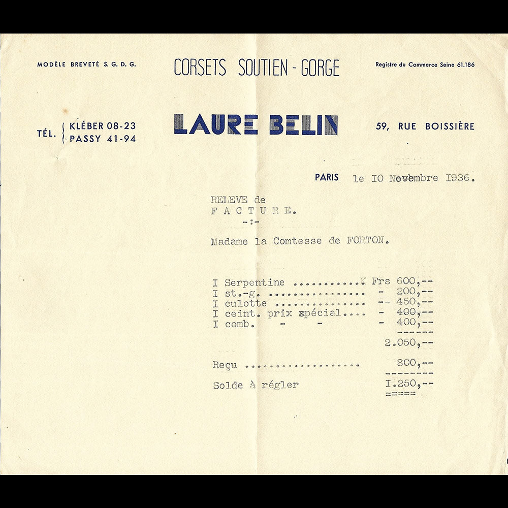 Laure Belin - Facture de la maison de lingerie, 59 rue Boissière à Paris (1936)