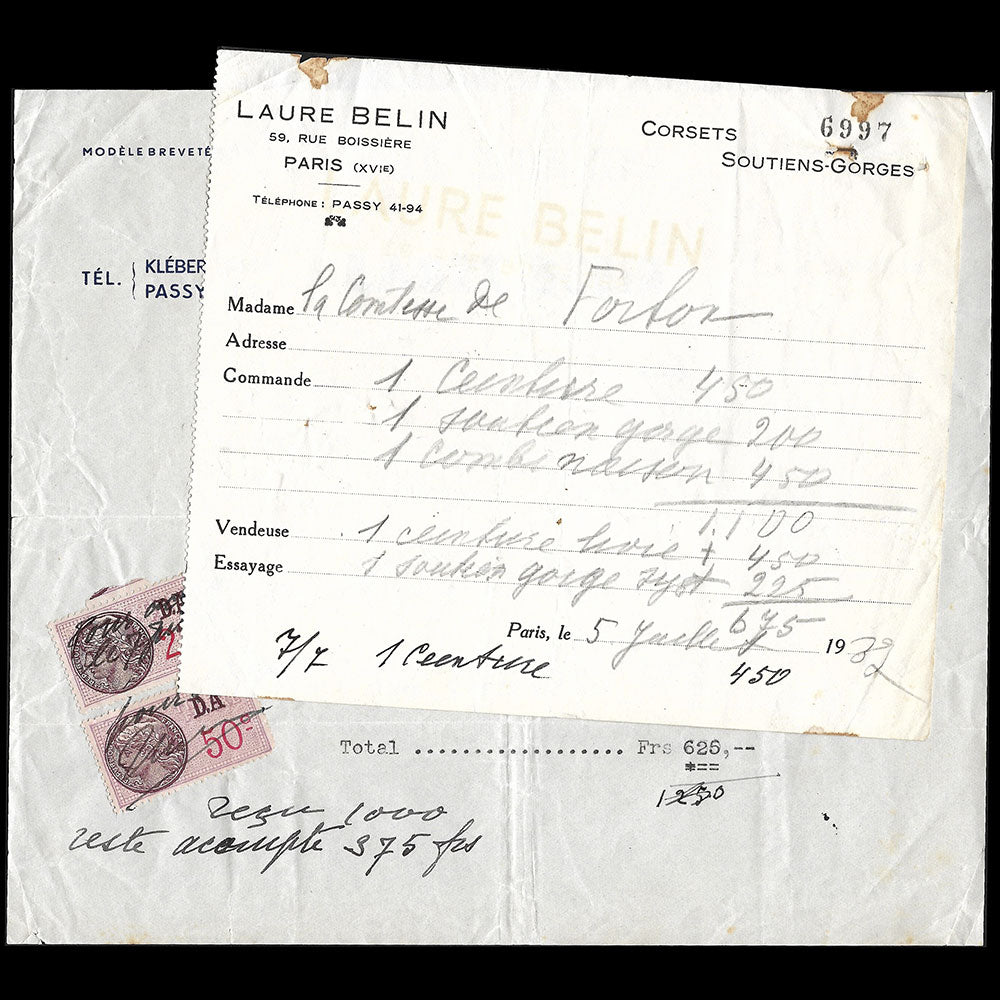 Laure Belin - Facture de la maison de lingerie, 59 rue Boissière à Paris (1937)