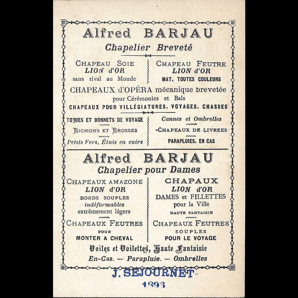 Alfred Barjau - Carte de la chapelerie élégante, Le Lion d'OR, 5 rue du Havre à Paris (1896)