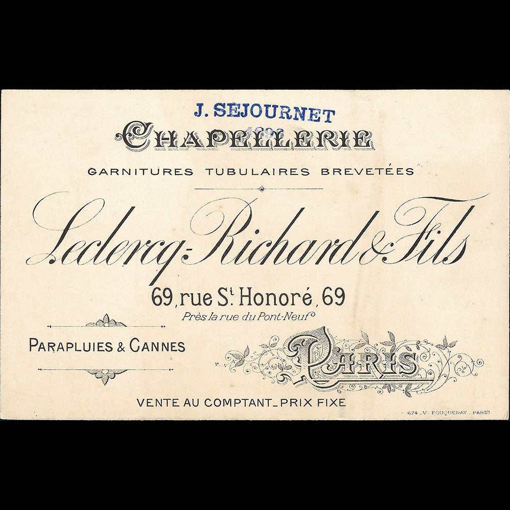 Leclercq, Richard & Fils - Carte de la chapellerie élégante, 69 rue Saint-Honoré à Paris (1896)
