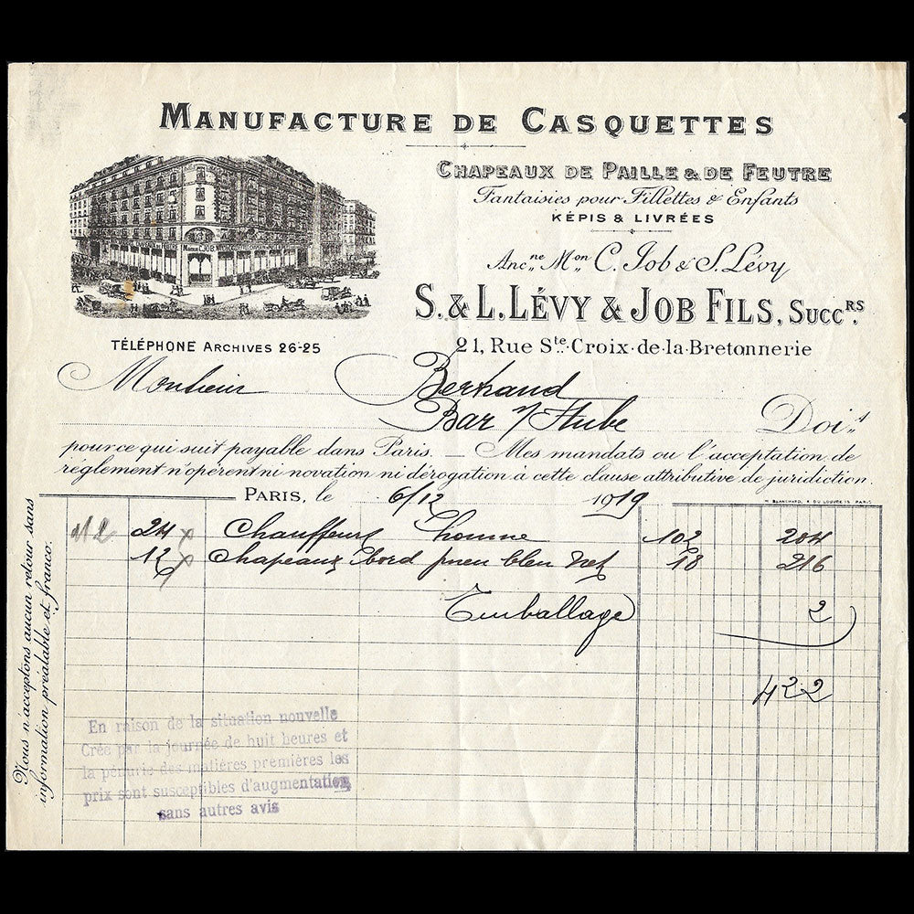 S. et L. Levy & Job Fils - Facture de la manufacture de casquettes, 21 rue Sainte Croix de la Bretonnerie à Paris (1919)