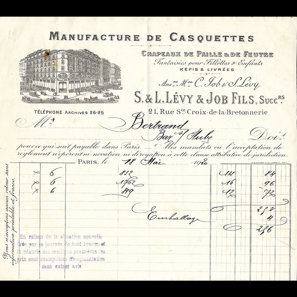 S. et L. Levy & Job Fils - Facture de la manufacture de casquettes, 21 rue Sainte Croix de la Bretonnerie à Paris (1920)