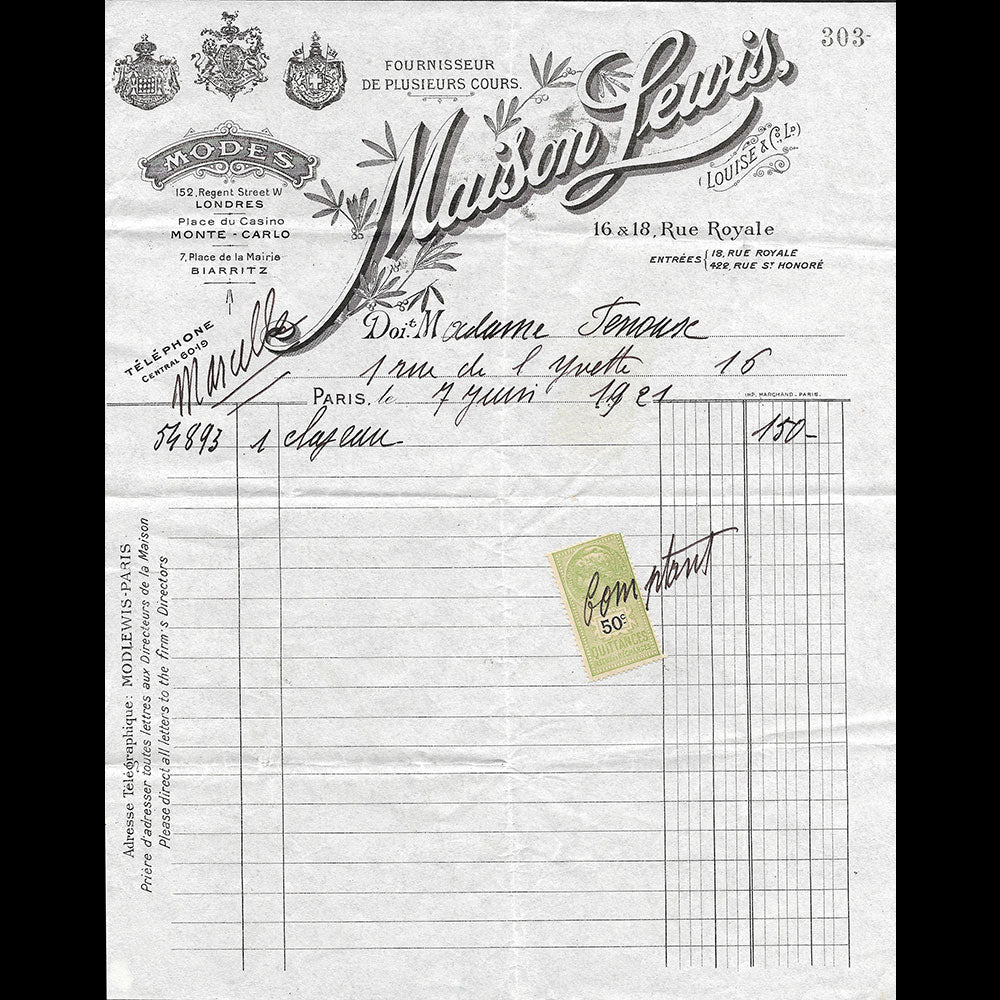 Lewis - Facture de la maison de modes, 16 & 18 rue Royale à Paris (1921)