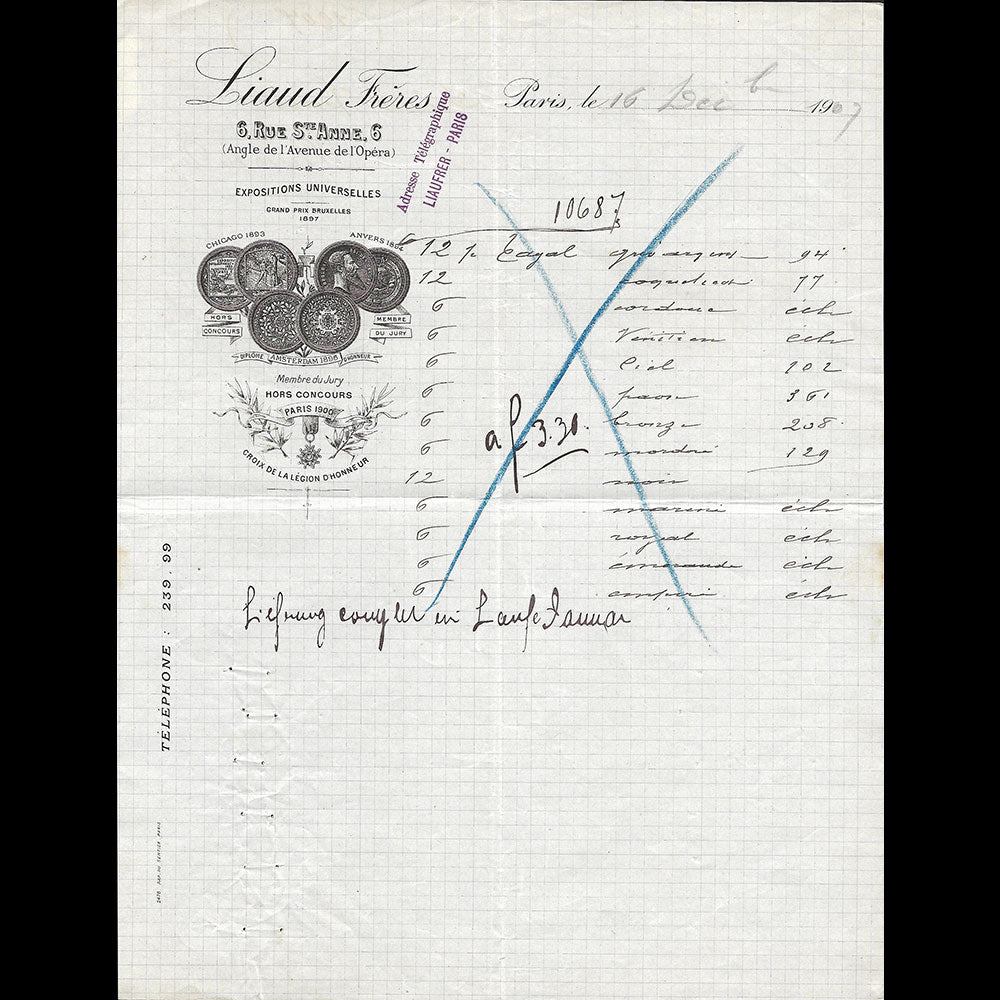 Liaud - Facture de la maison, 6 rue Sainte-Anne Paris (1907)