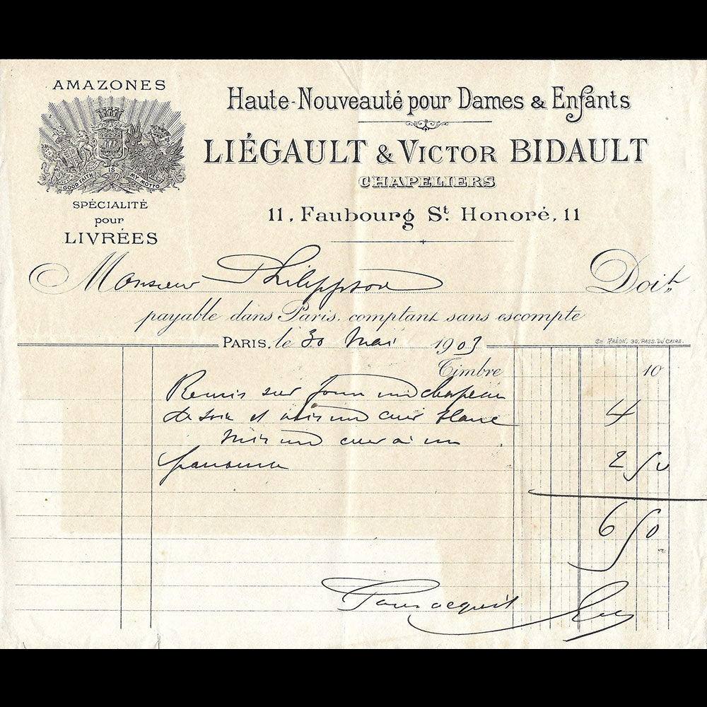 Liégault & Victor Bidault - Facture des chapeliers, 11 Faubourg Saint-Honoré à Paris (1903)