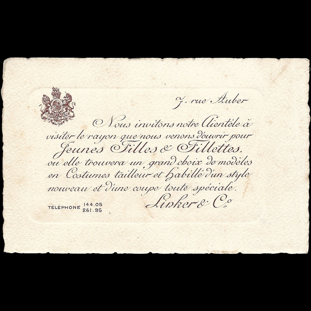 Linker - Carte de la maison de couture, 7 rue Auber à Paris (1900s)