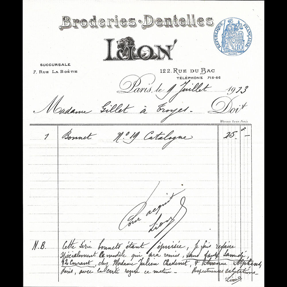 Lion- Facture de la manufacture de broderies, dentelles, 122 rue du Bac à Paris (1913)