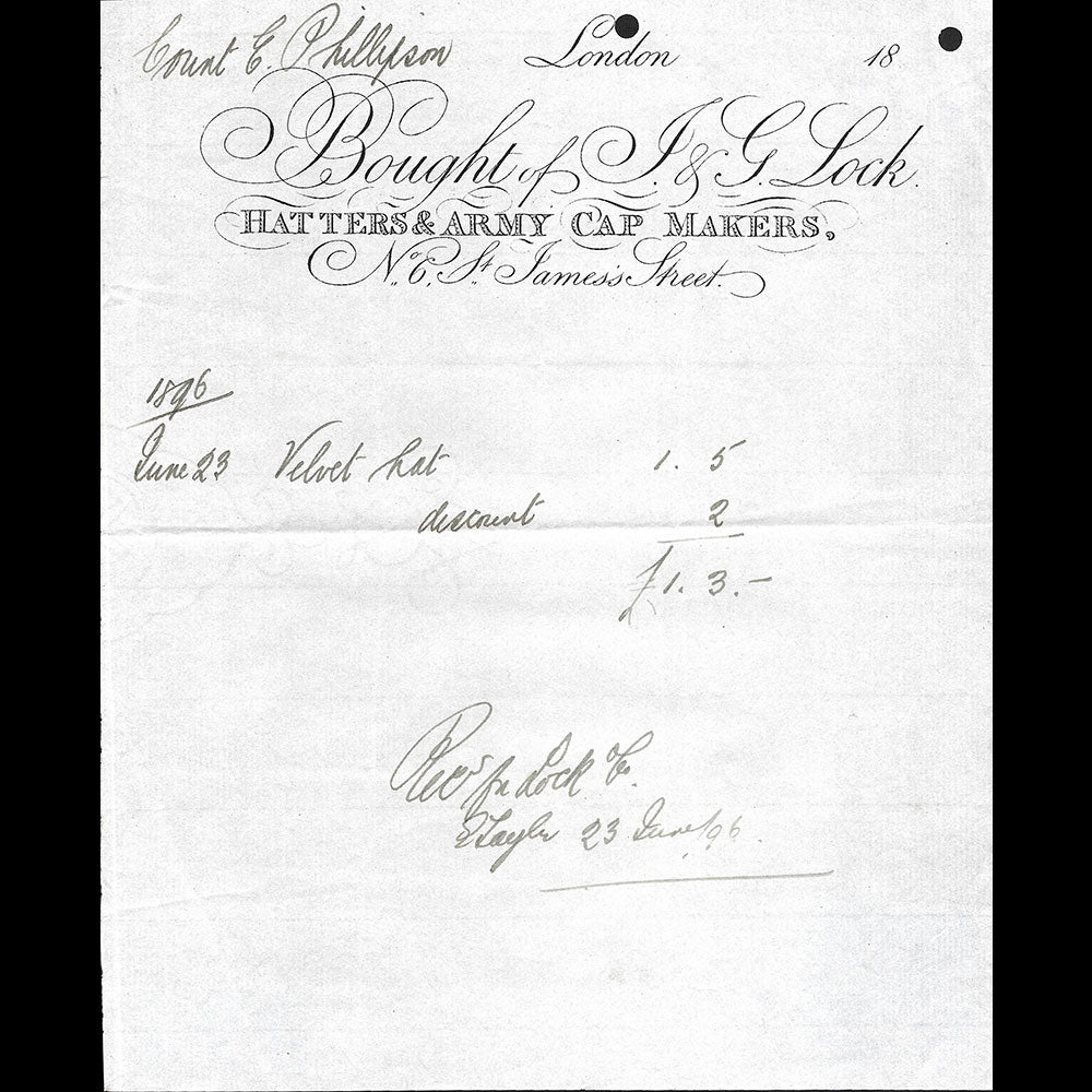J. & G. Lock - Facture de la maison de chapellerie, 6 St James Street, London (1896)