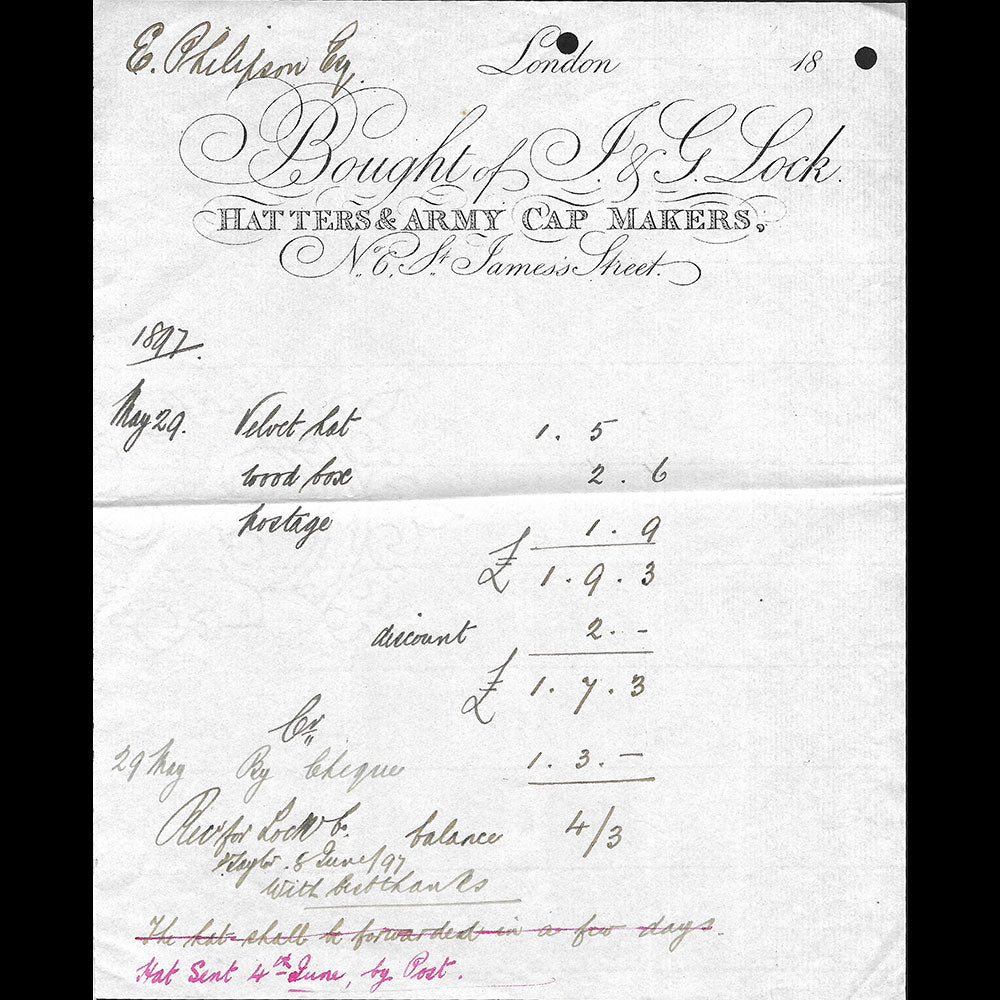 J. & G. Lock - Facture de la maison de chapellerie, 6 St James Street, London (1897)