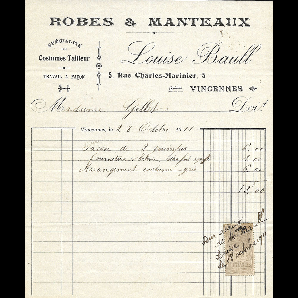 Louise Baull - Facture de la maison de couture, 5 rue Charles Marinier à Vincennes (1911)