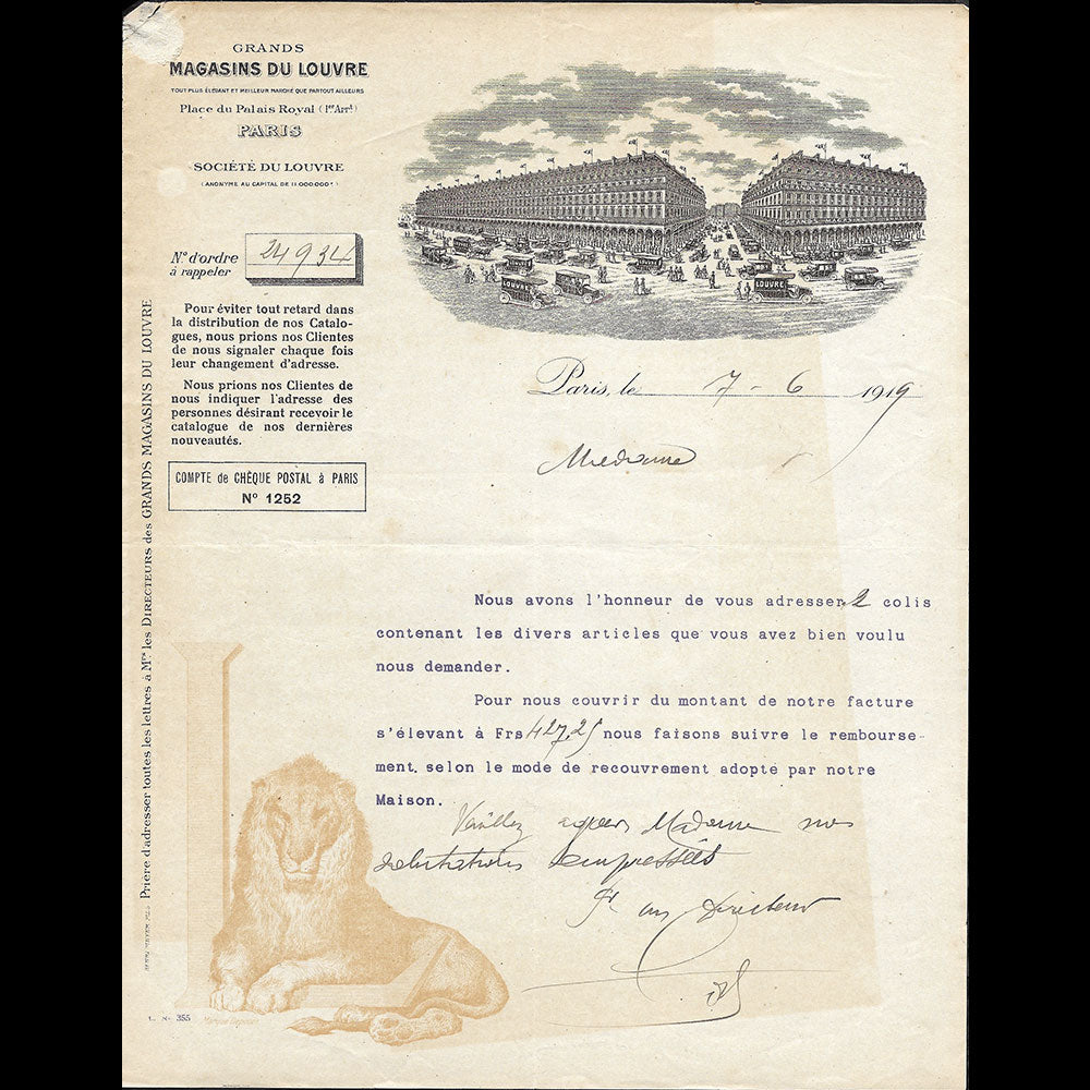 Au Louvre - Lettre des grands magasins, place du Palais Royal à Paris (1919)