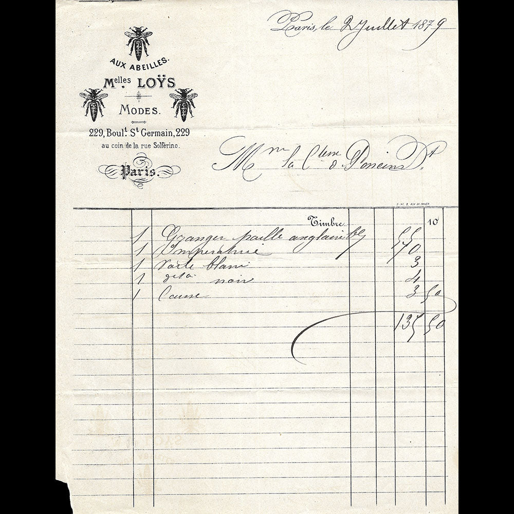 Mesdemoiselles Loys - Facture de la maison de chapeaux, Aux Abeilles, 229 Boulevart Saint Germain à Paris (1879)