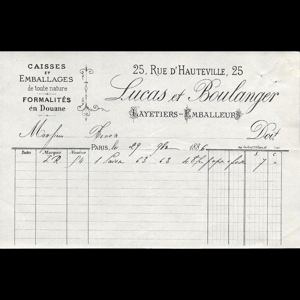 Lucas & Boulanger - Facture des layetiers - emballeurs, 25 rue de Hauteville à Paris (1886)