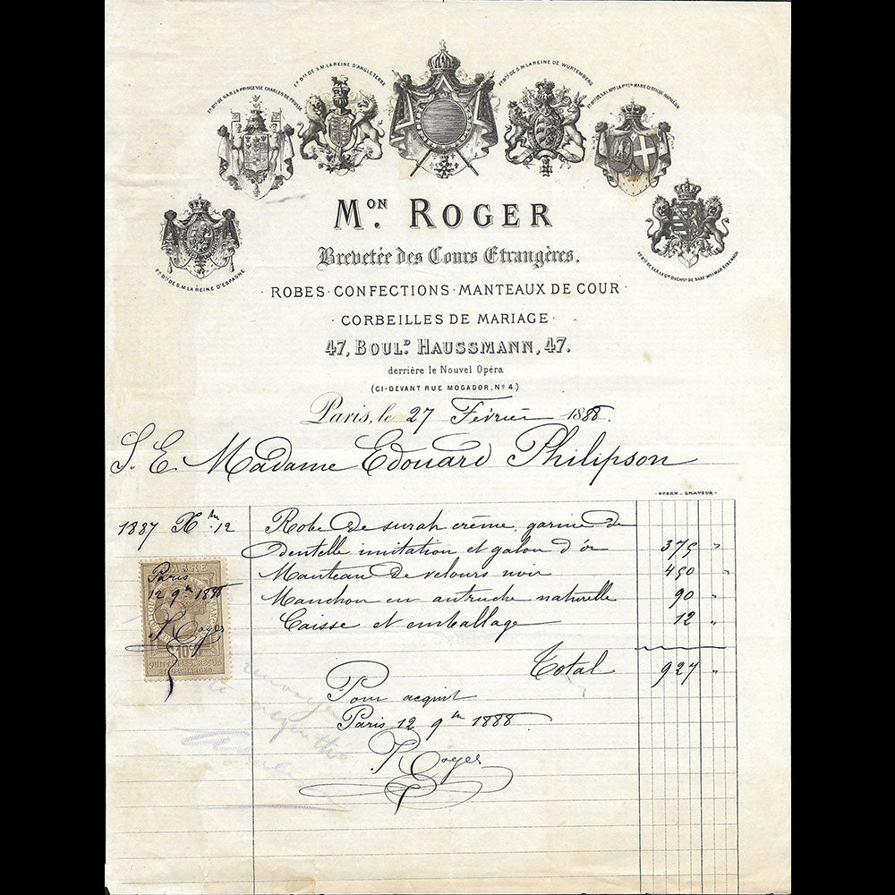 Mme Roger - Facture de la couturière, 47 boulevard Haussmann à Paris (1888)