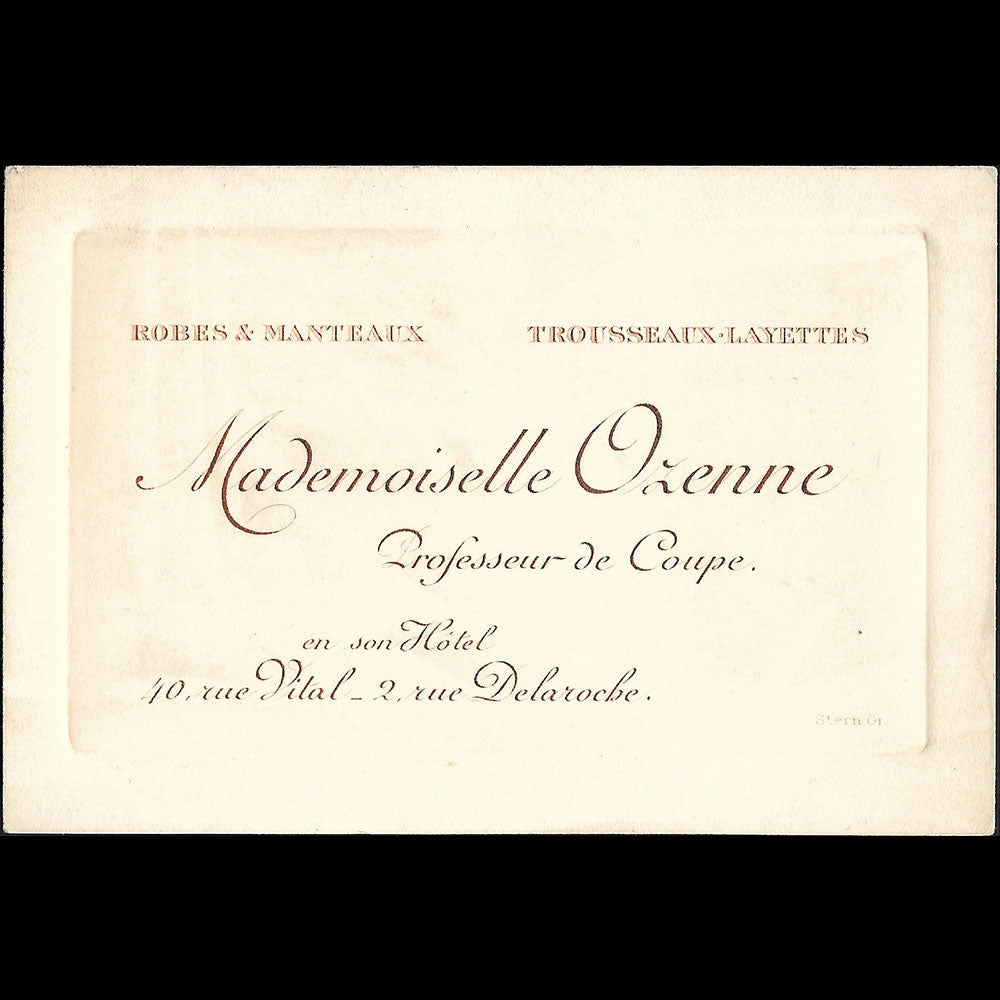 Mademoiselle Ozenne - Carte de la professeur de coupe, 40 rue Vital à Paris (1900-1910s)