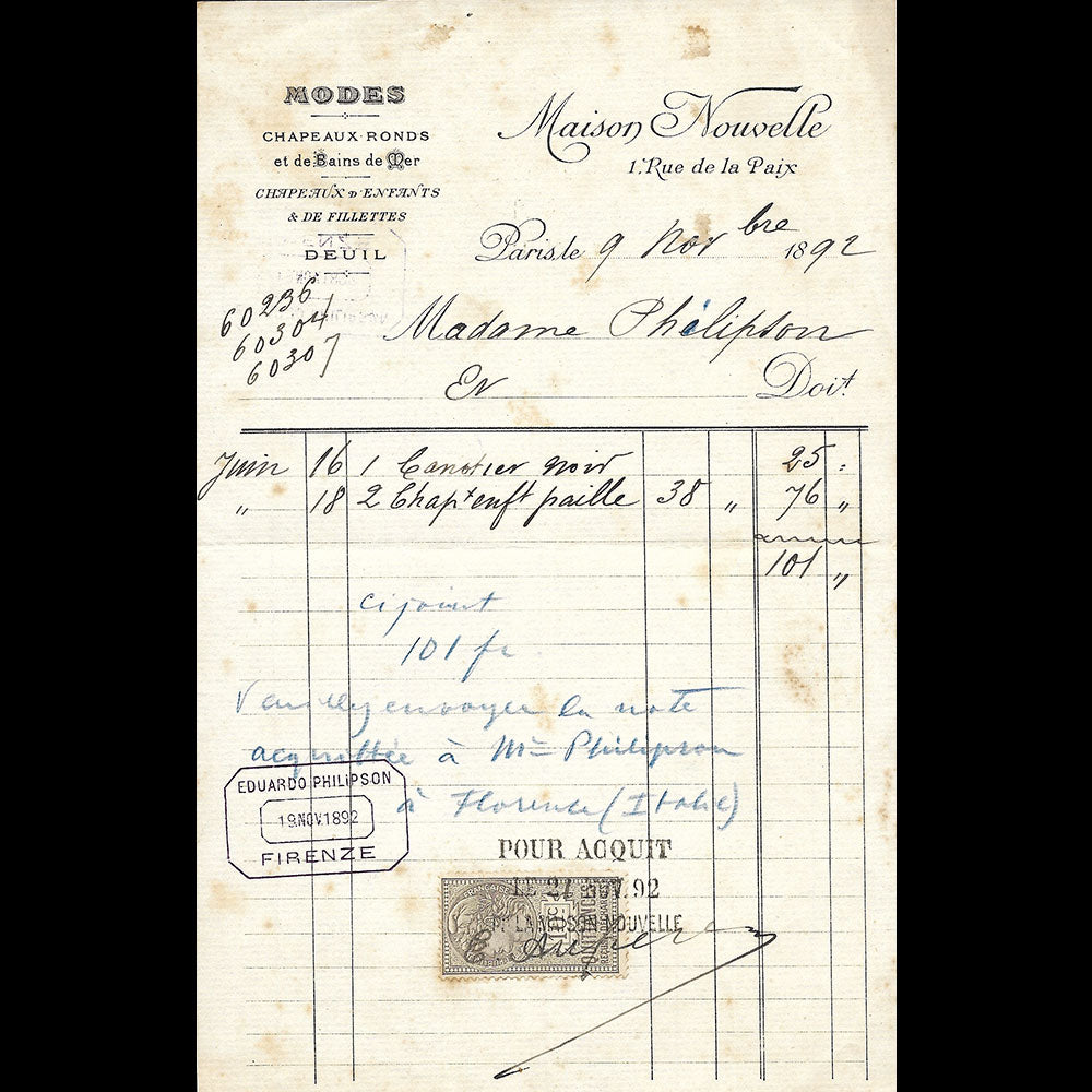 Maison Nouvelle - Facture de la maison de modes, 1 rue de la Paix à Paris (1892)