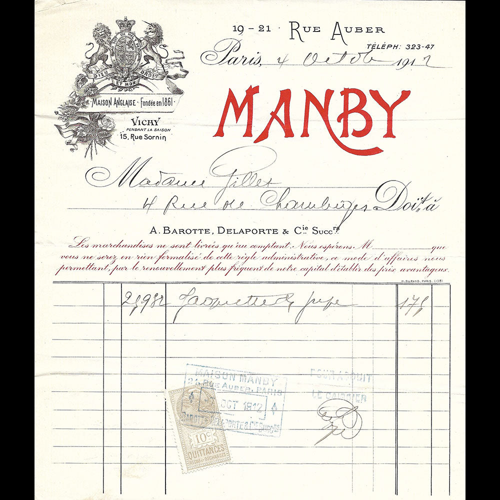 Manby - Facture du tailleur, 21 rue Auber à Paris (1912)