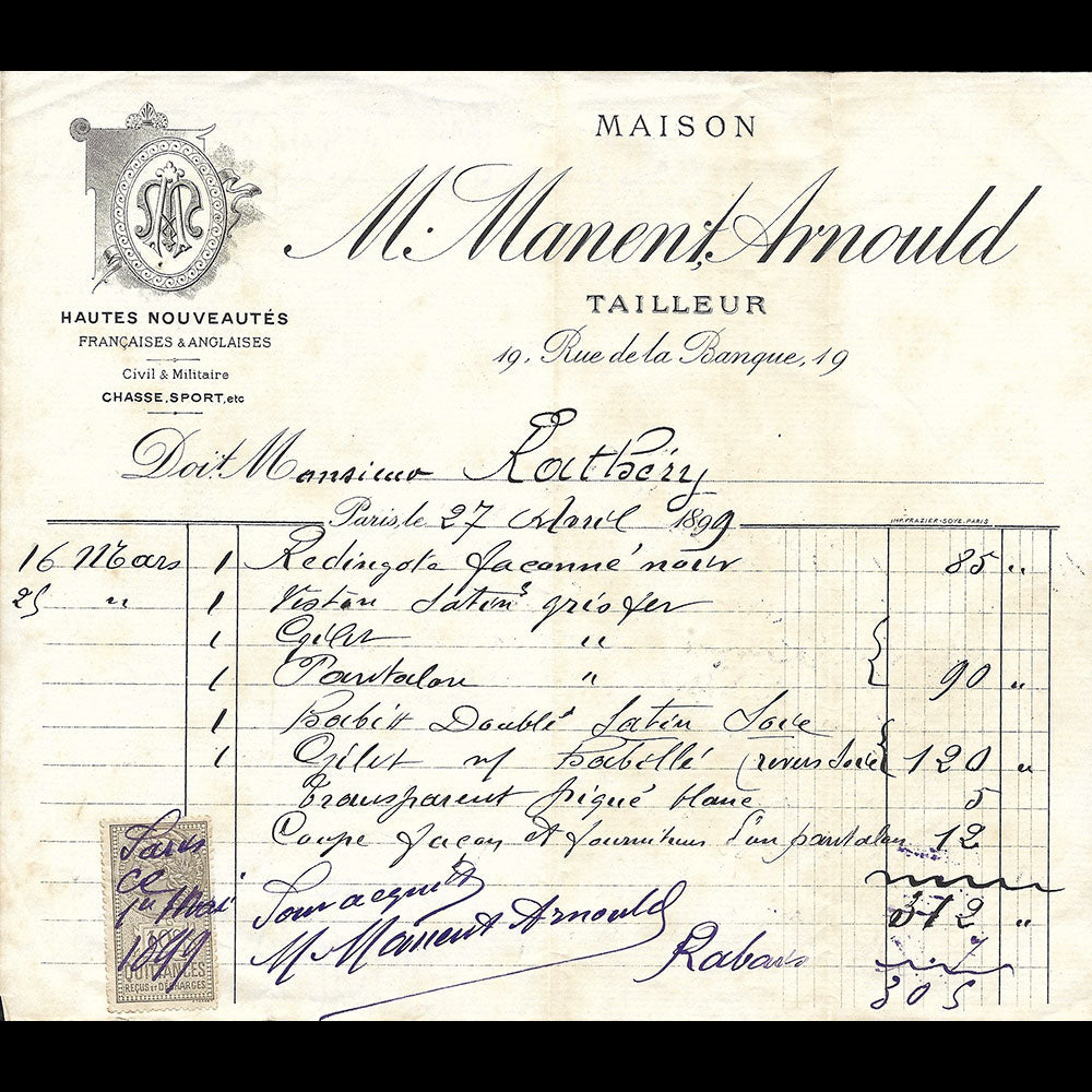 M. Manent, Arnould - Facture du tailleur, 19 rue de la Banque à Paris (1899)