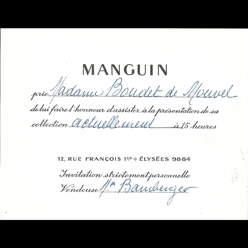 Manguin - Carton d'invitation de la maison de couture, 12 rue François Ier à Paris (1950s)