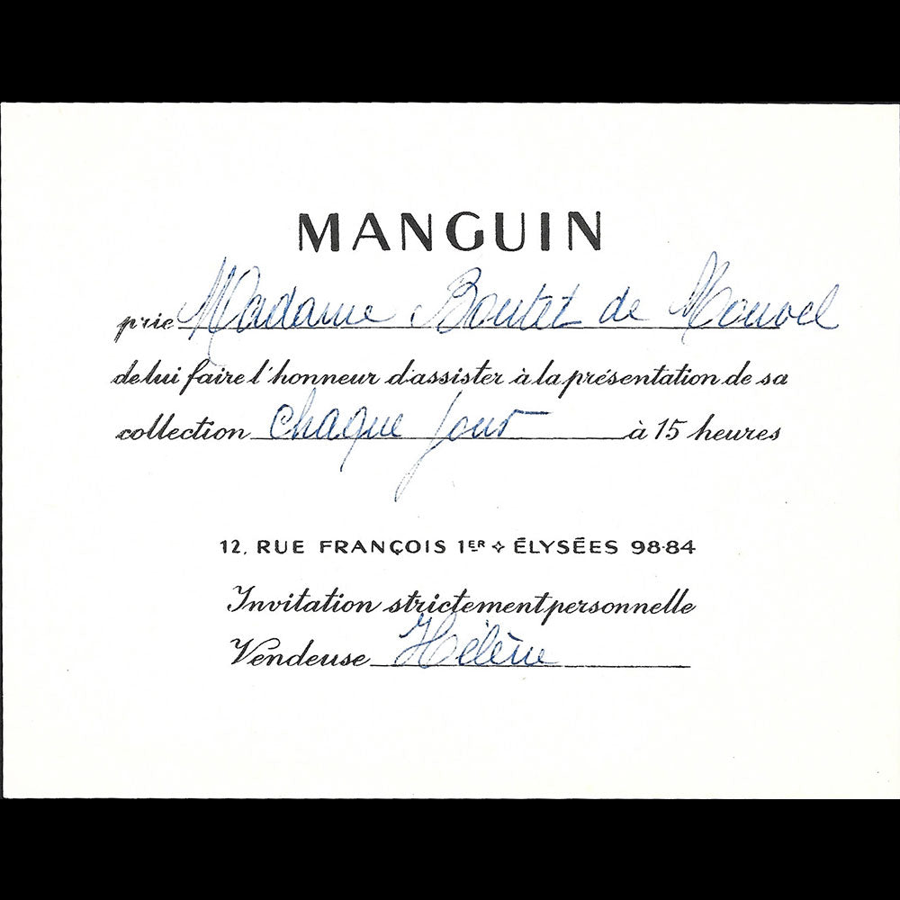 Manguin - Carton d'invitation de la maison de couture, 12 rue François Ier à Paris (1950s)
