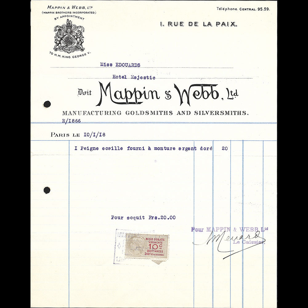 Mappin & Webb - Facture de la maison d'orfevrerie, 1 rue de la Paix à Paris (1918)