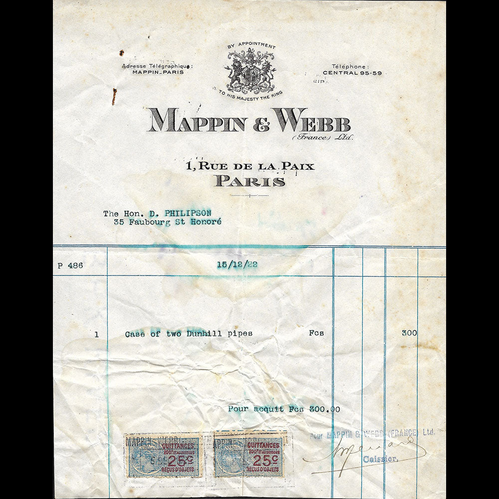 Mappin & Webb - Facture de la maison d'orfevrerie, 1 rue de la Paix à Paris (1922)