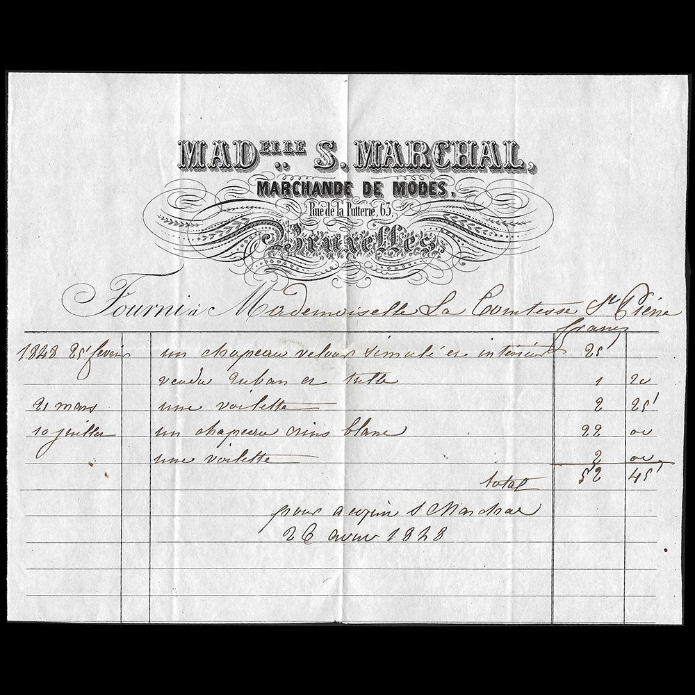 Mademoiselle S. Marchal - Facture de la Marchande de Modes, 63 rue de la Putterie à Bruxelles (1848)