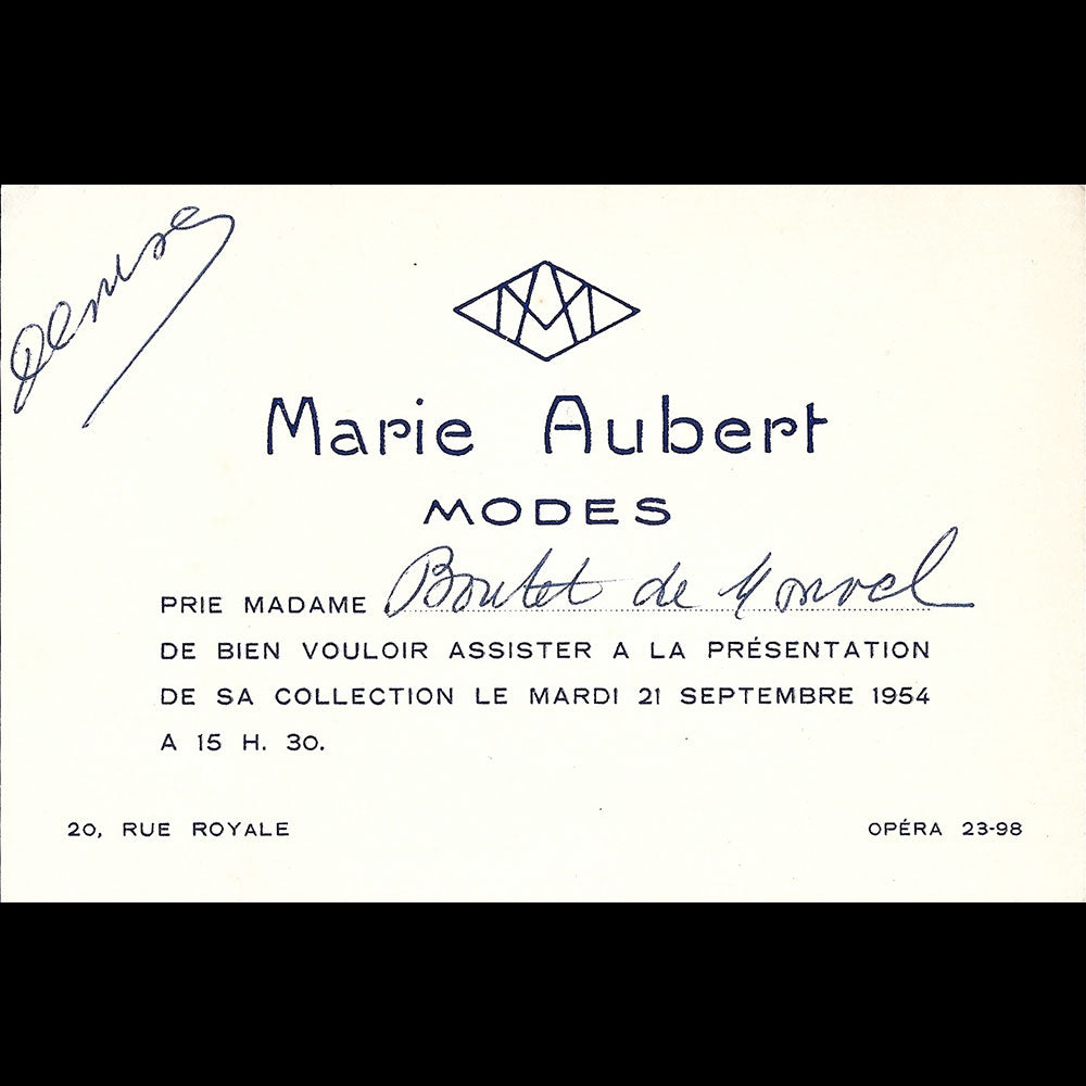 Marie Aubert - Carte de la maison de chapeaux, 20 rue royale à Paris (1954)